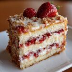 A delicious slice of The Strawberry Crunch Cake with layers of cream, strawberries, and a crunchy topping.