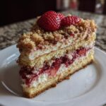 A slice of The Strawberry Crunch Cake, layered with cream and strawberries, topped with fresh strawberries and a crumbly topping.