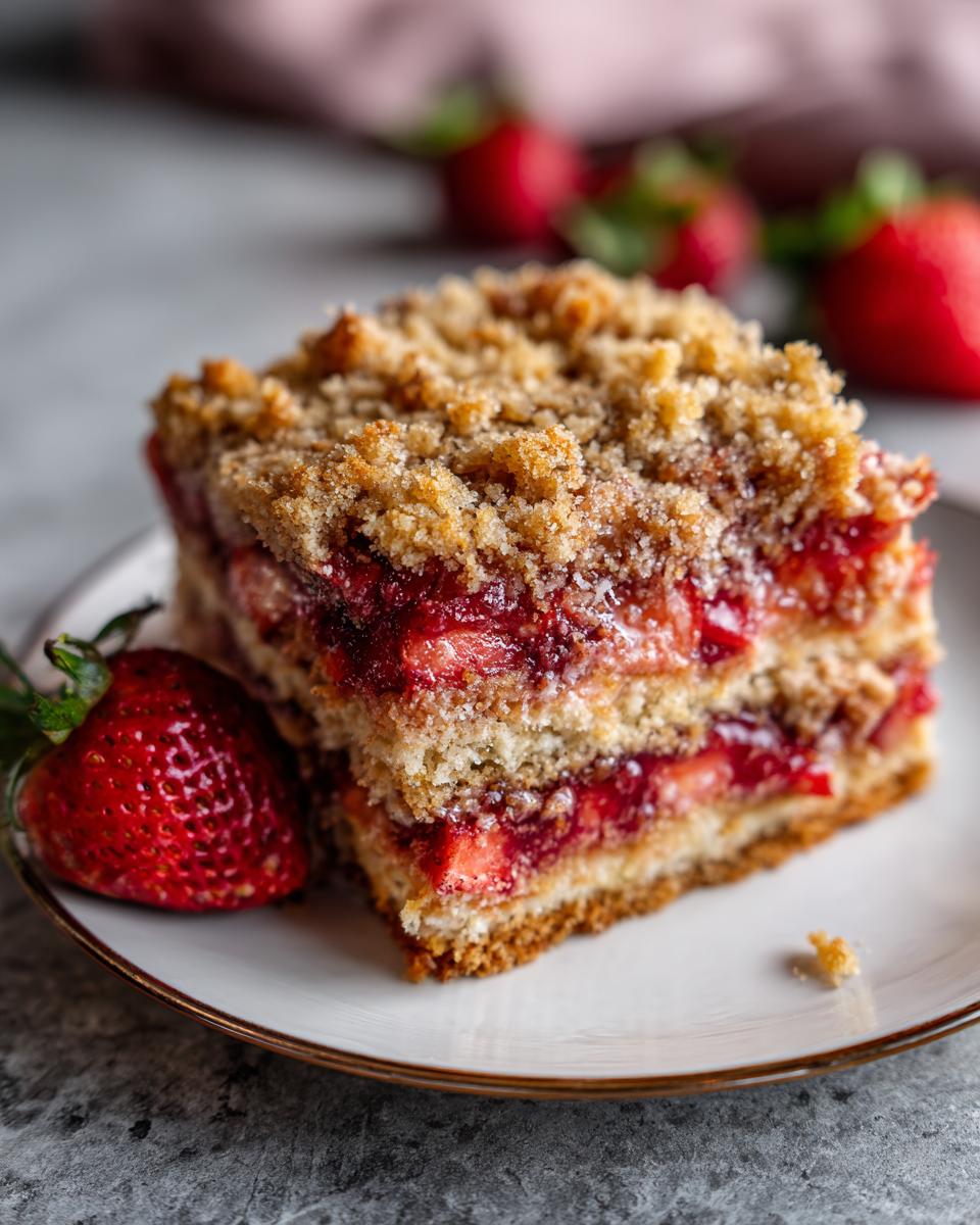 A slice of The Strawberry Crunch Cake, featuring layers of cake, strawberry filling, and a crunchy topping.