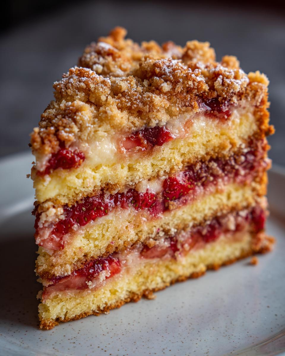 A delicious slice of Strawberry Crunch Cake with layers of cake, strawberries, cream, and a crunchy topping.