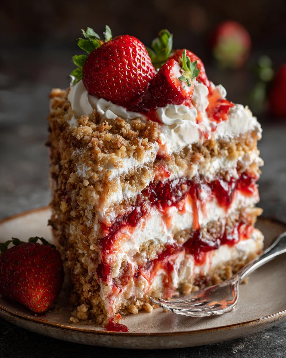 A delicious slice of The Strawberry Crunch Cake with layers of cream, strawberry filling, and a crunchy topping.