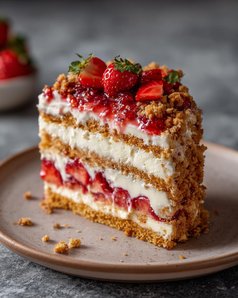 A delicious slice of Strawberry Crunch Cake with layers of cream, strawberries, and a crunchy topping.