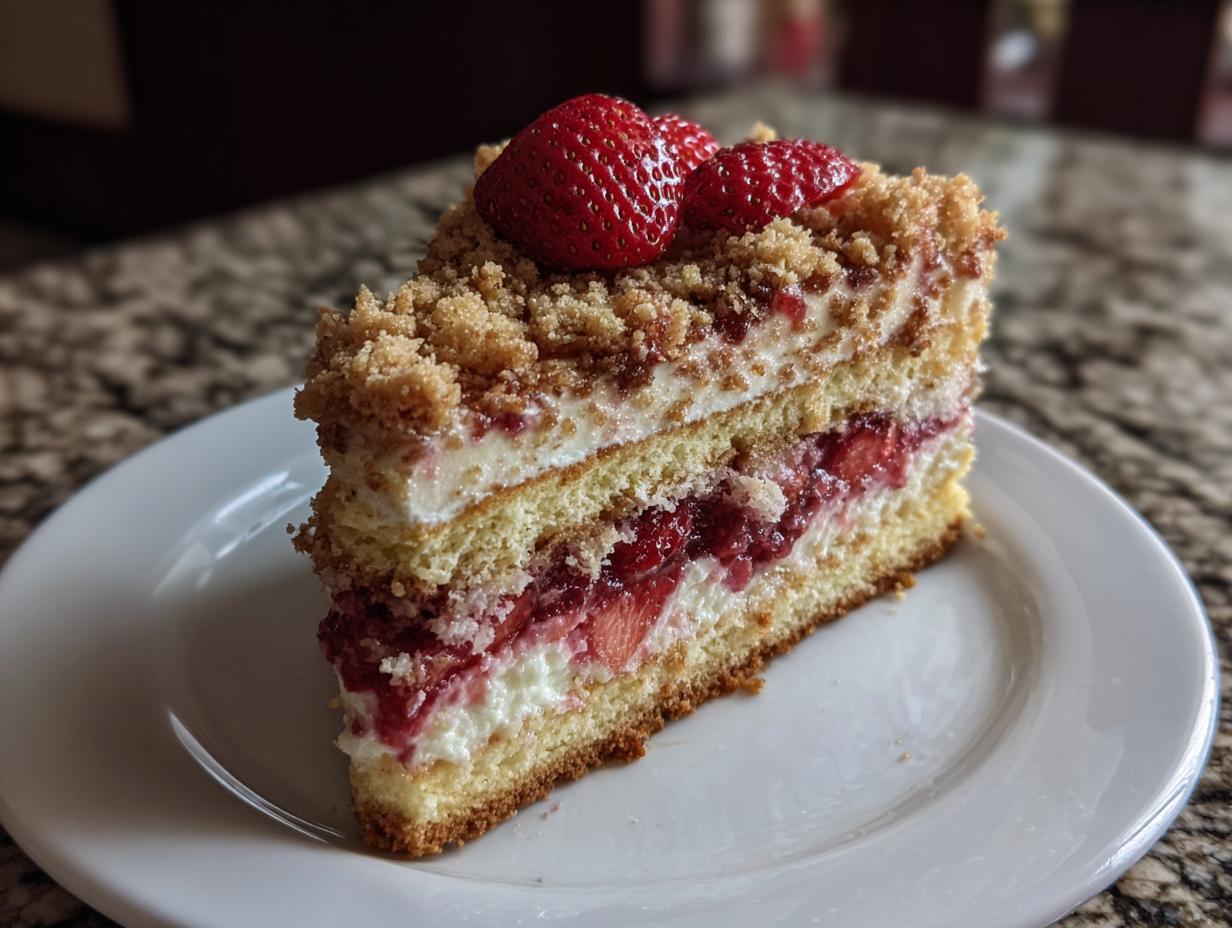 A slice of The Strawberry Crunch Cake, layered with cream and strawberries, topped with fresh strawberries and a crumbly topping.
