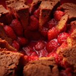 Close-up of a Strawberry Earthquake Cake, showing the cake with fresh strawberries filling the center.