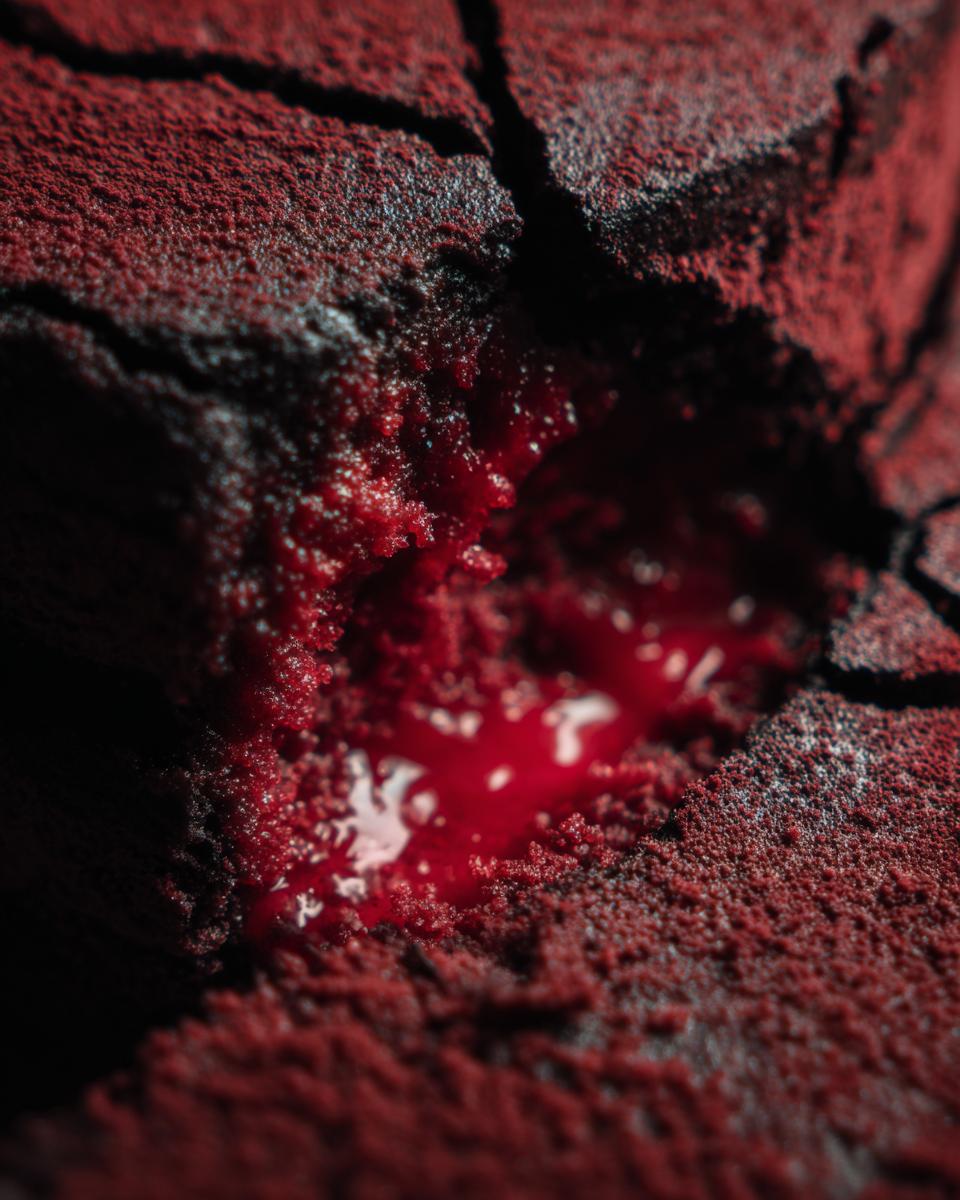 Dramatic close-up of a Strawberry Earthquake Cake, showcasing its cracked surface and molten strawberry filling.