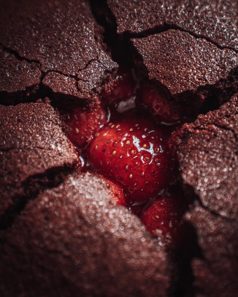 A close-up shot of a Strawberry Earthquake Cake, showing the cracked chocolate cake and strawberries inside.