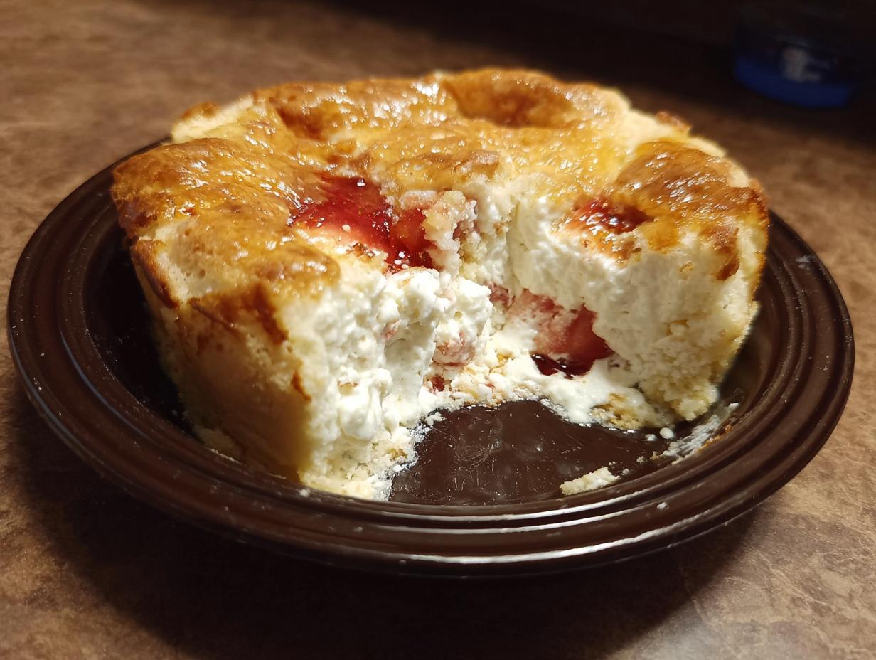 A half-eaten Strawberry Earthquake Cake on a brown plate, showing the creamy filling and strawberry topping.