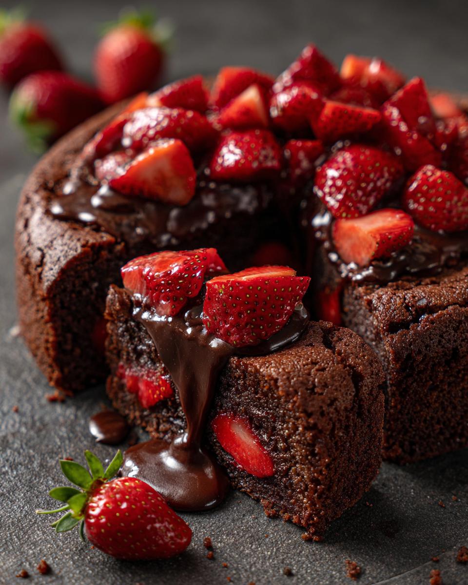 A slice of Strawberry Earthquake Cake with chocolate ganache and fresh strawberries on top.