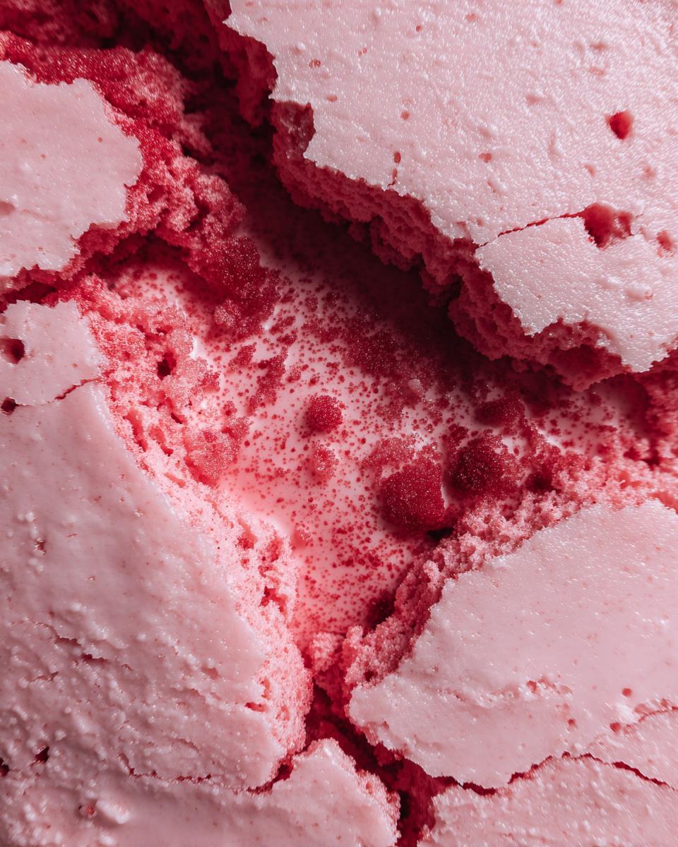Detailed close-up of the cracked surface of a Strawberry Earthquake Cake, revealing the moist, strawberry-infused interior.