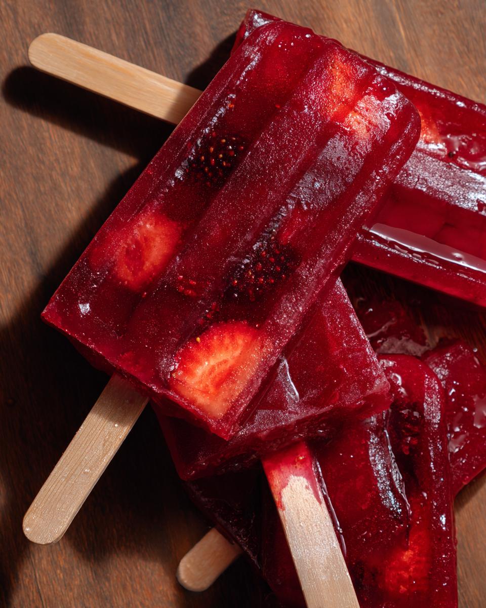 Close-up of homemade strawberry fruit popsicles with visible fruit pieces on a wooden surface.