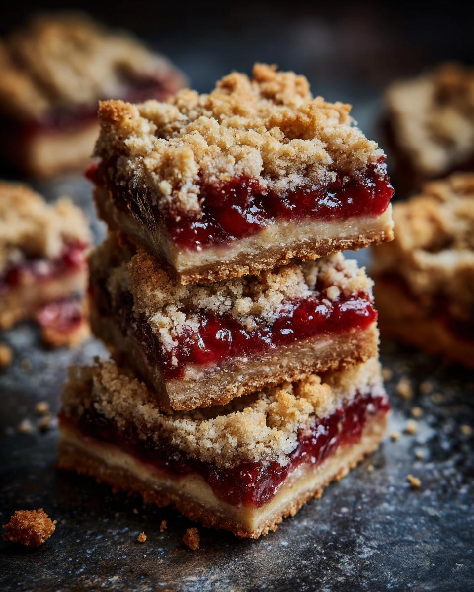 A stack of three homemade Strawberry Rhubarb Crumb Bars, showcasing the filling and crumb topping.