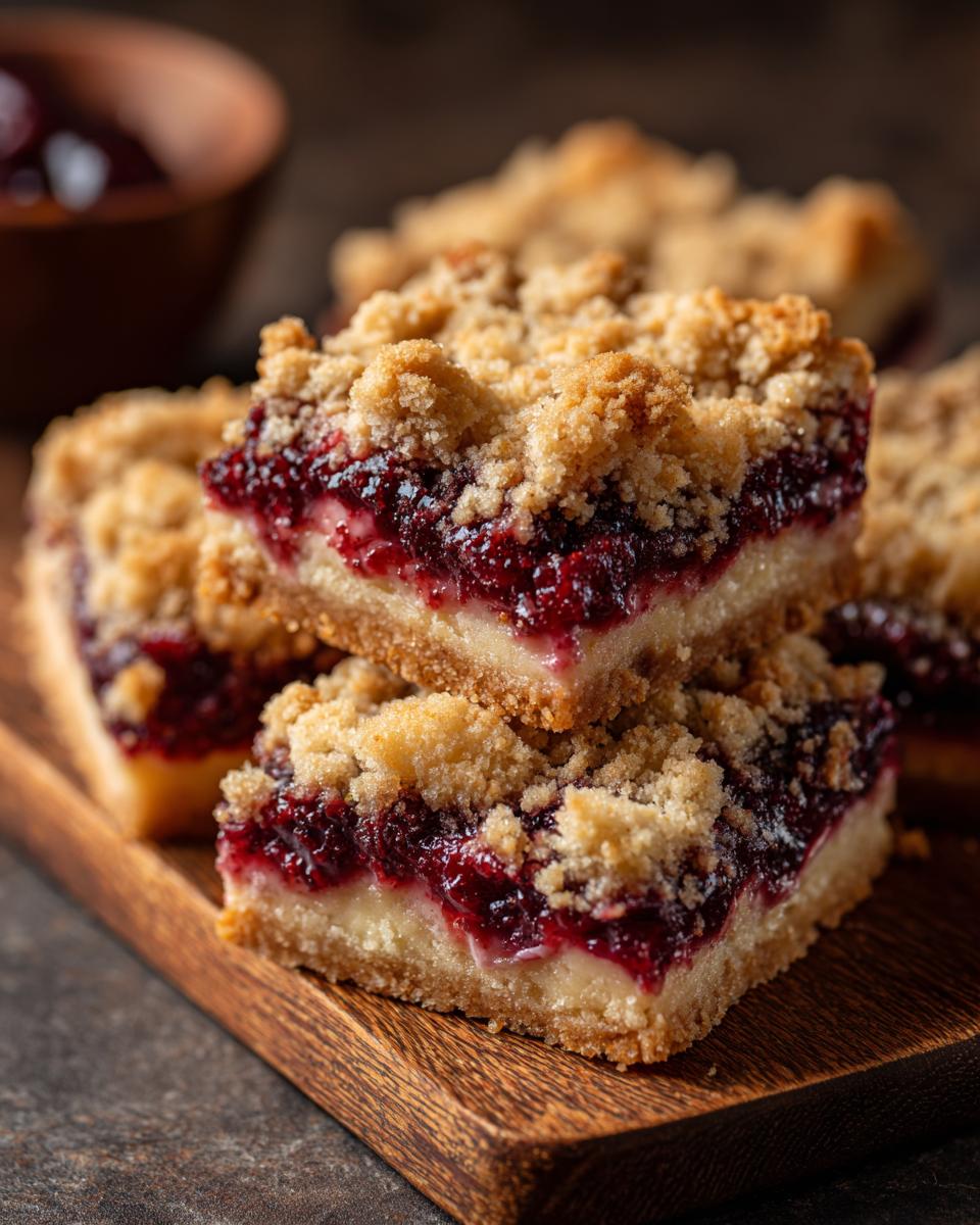 A stack of homemade Strawberry Rhubarb Crumb Bars on a wooden board, showcasing the layers of crust, filling, and crumb topping.