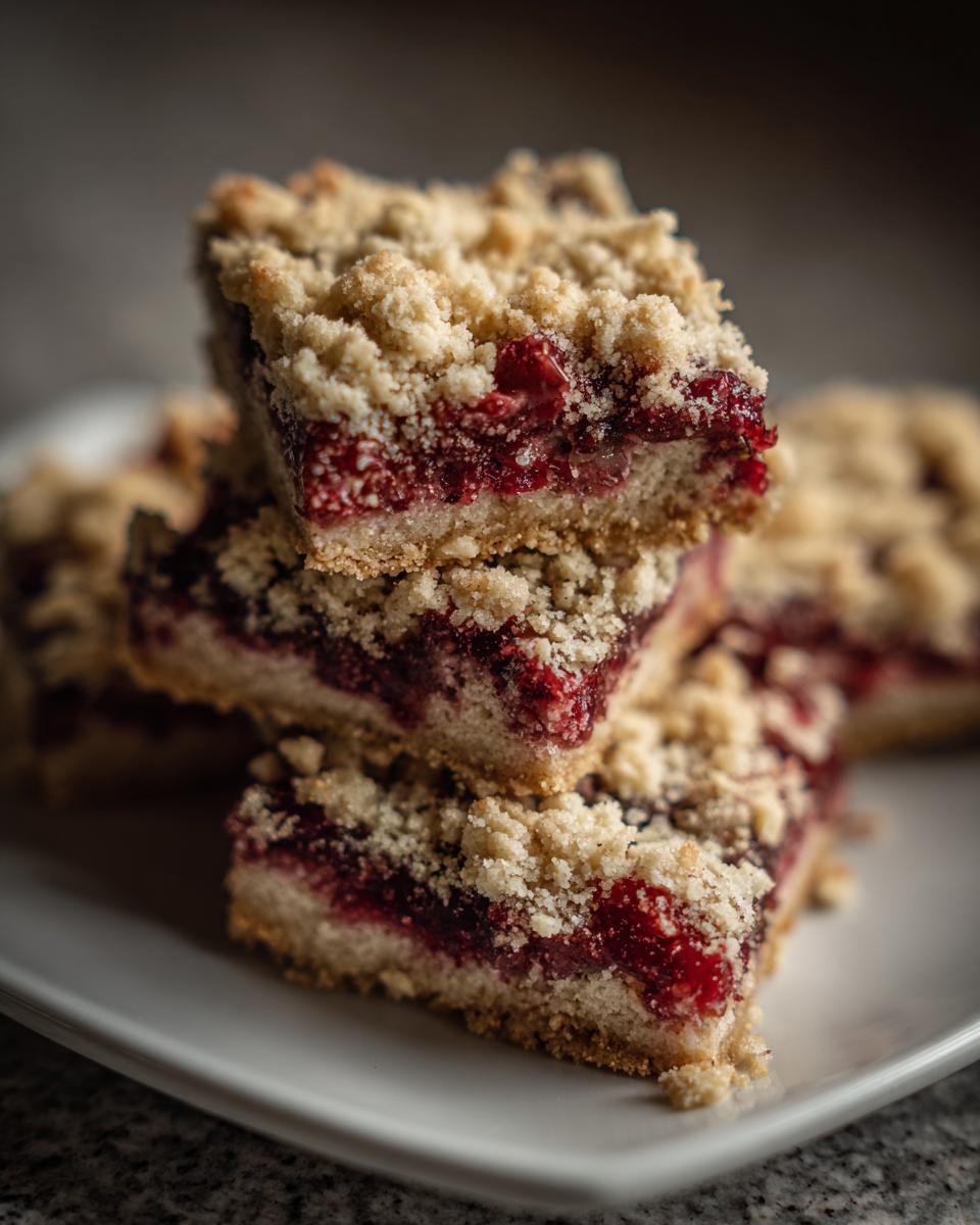 A stack of homemade Strawberry Rhubarb Crumb Bars on a white plate, showcasing the fruit filling and crumb topping.