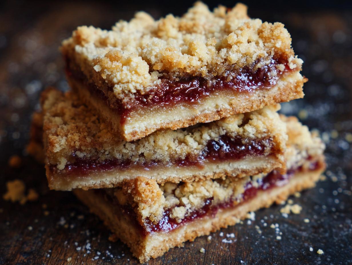 A stack of three homemade Strawberry Rhubarb Crumb Bars on a dark wooden surface.
