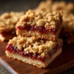 Two Strawberry Rhubarb Crumb Bars stacked on a wooden board, showcasing the layers of crust, filling, and crumb topping.