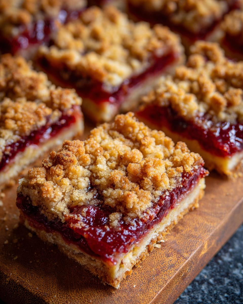 Close-up of homemade Strawberry Rhubarb Crumb Bars with a golden crumb topping on a wooden board.