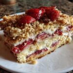 A slice of Strawberry Shortcake Crunch Cake with layers of strawberries, cream, cake, and a crunchy topping.