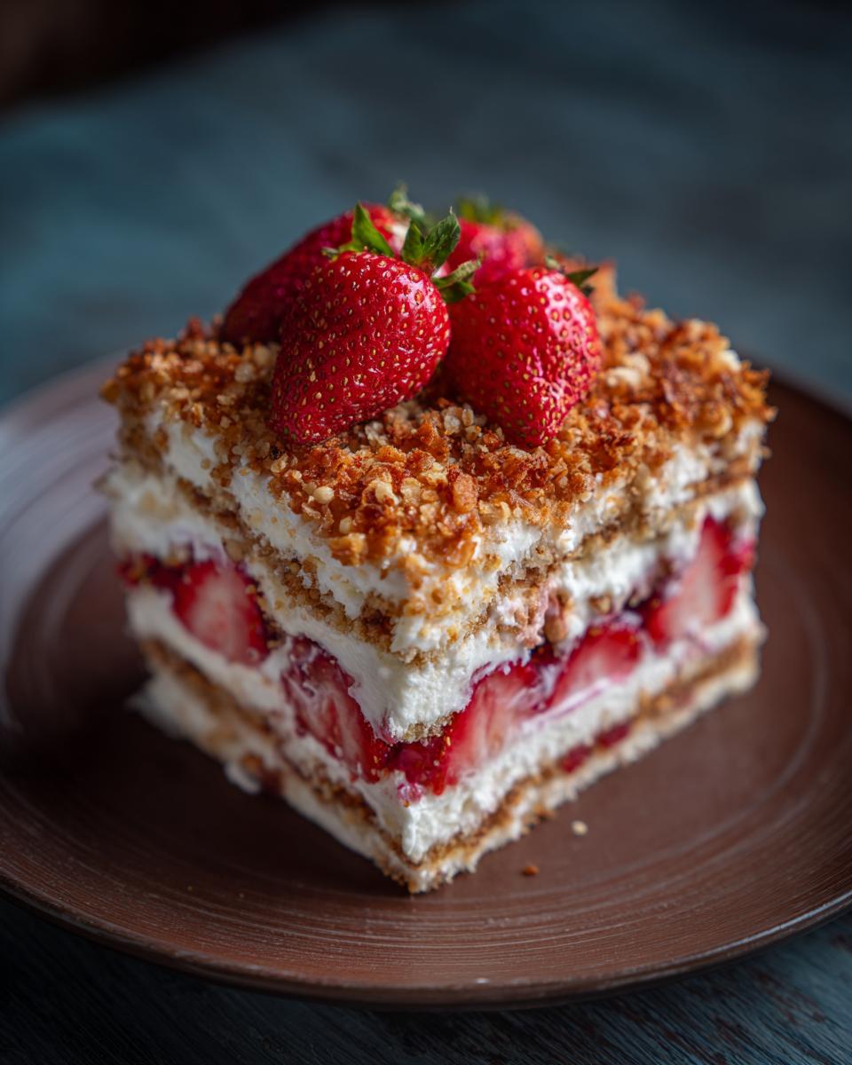 A slice of Strawberry Shortcake Crunch Cake with layers of strawberries, cream, and a crunchy topping.