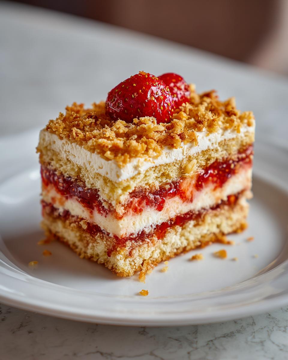 A slice of Strawberry Shortcake Crunch Cake with layers of cake, cream, strawberry filling, and a crunchy topping.