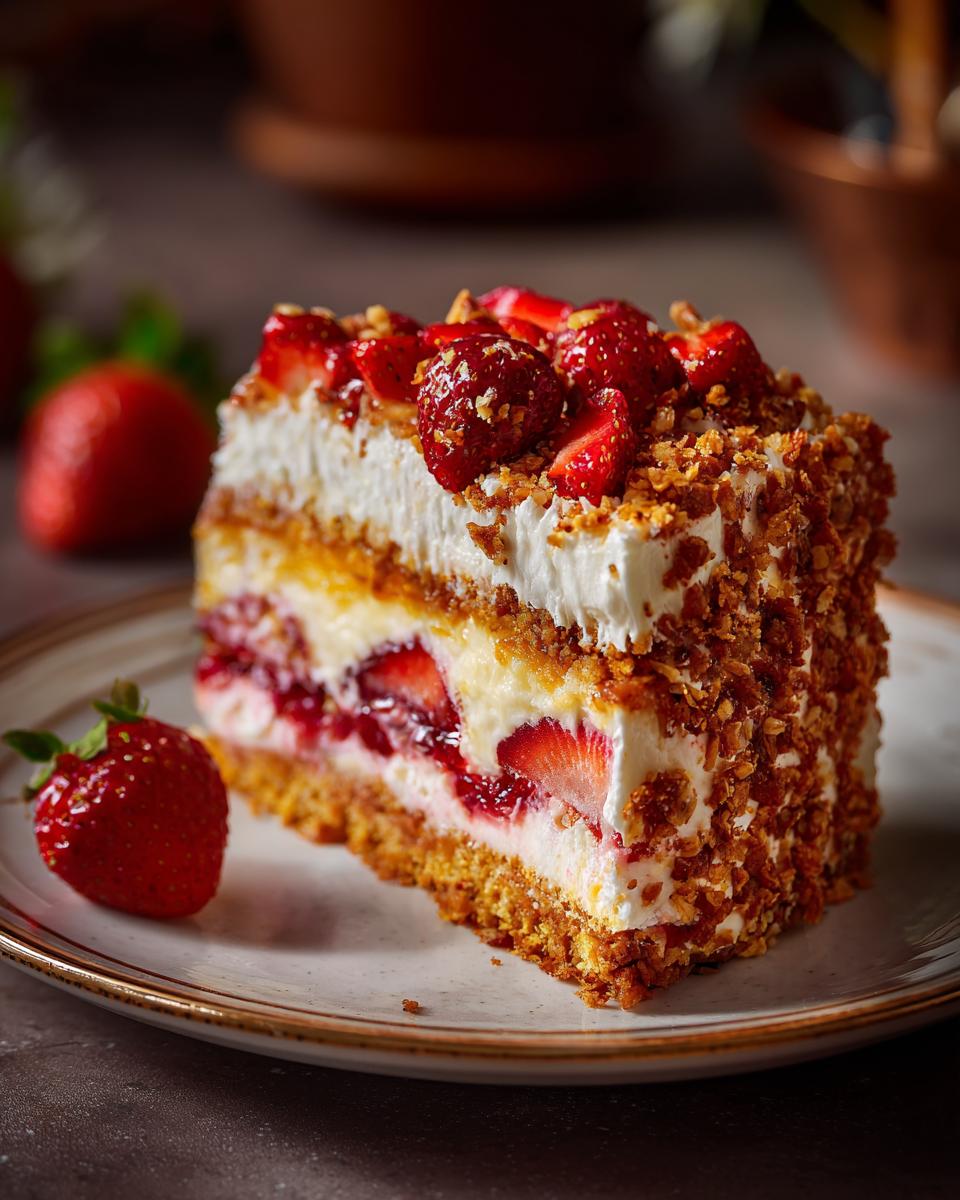 A slice of Strawberry Shortcake Crunch Cake with layers of strawberries, cream, and a crunchy topping.