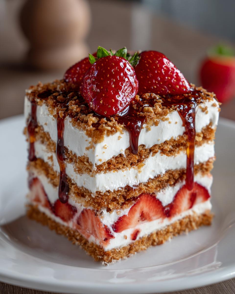 A slice of Strawberry Shortcake Crunch Cake with layers of strawberries, cream, and a crunchy topping.