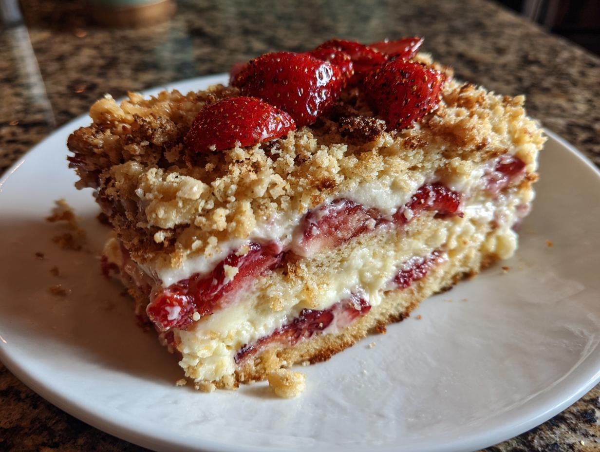 A slice of Strawberry Shortcake Crunch Cake with layers of strawberries, cream, cake, and a crunchy topping.