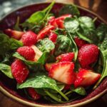 Close-up of a vibrant Strawberry Spinach Salad in a red bowl, featuring fresh strawberries and spinach.