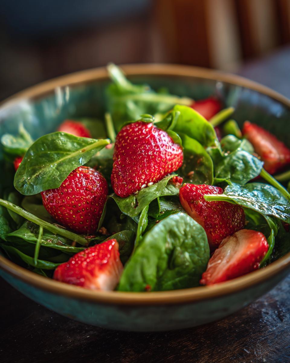 Close-up of a vibrant Strawberry Spinach Salad in a rustic bowl, showcasing fresh strawberries and spinach.