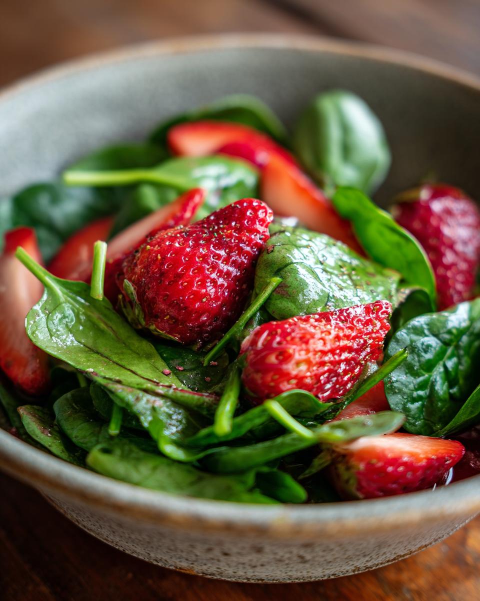 Close-up of a vibrant Strawberry Spinach Salad in a gray bowl, showcasing fresh strawberries and spinach.