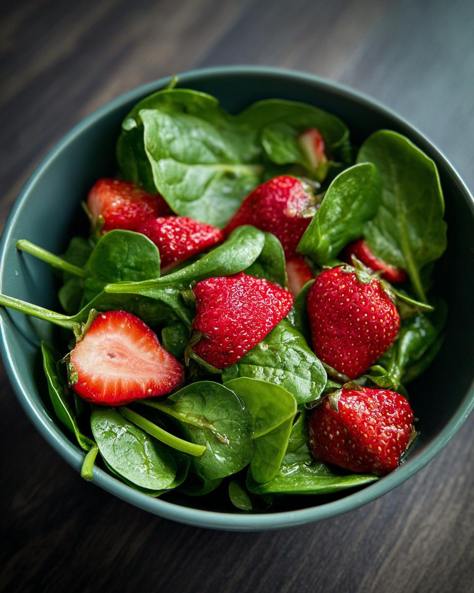 Overhead view of a vibrant Strawberry Spinach Salad in a blue bowl, featuring fresh spinach and ripe strawberries.