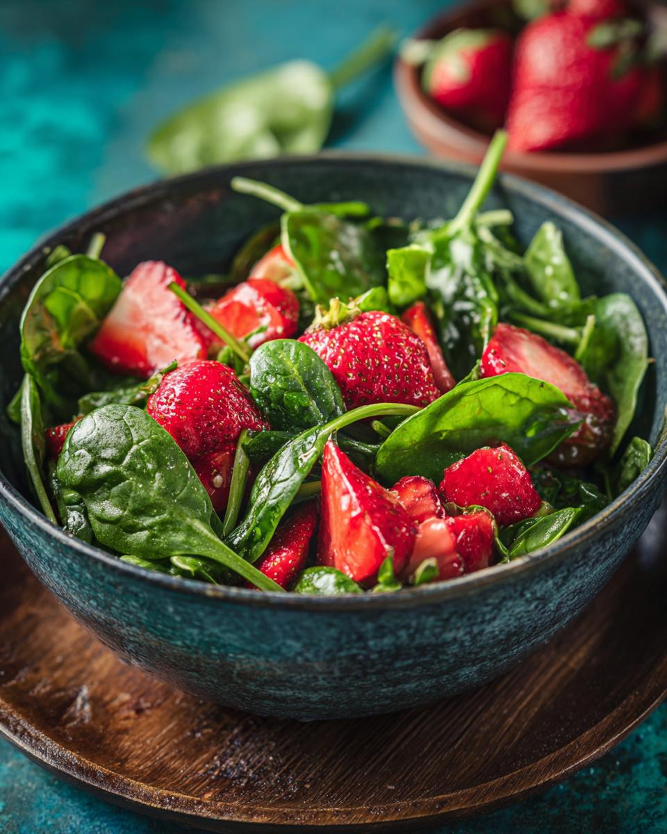 A vibrant bowl of Strawberry Spinach Salad with fresh spinach leaves and juicy strawberries.