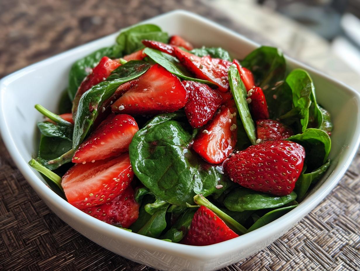 A vibrant Strawberry Spinach Salad in a white bowl, featuring fresh strawberries and spinach.