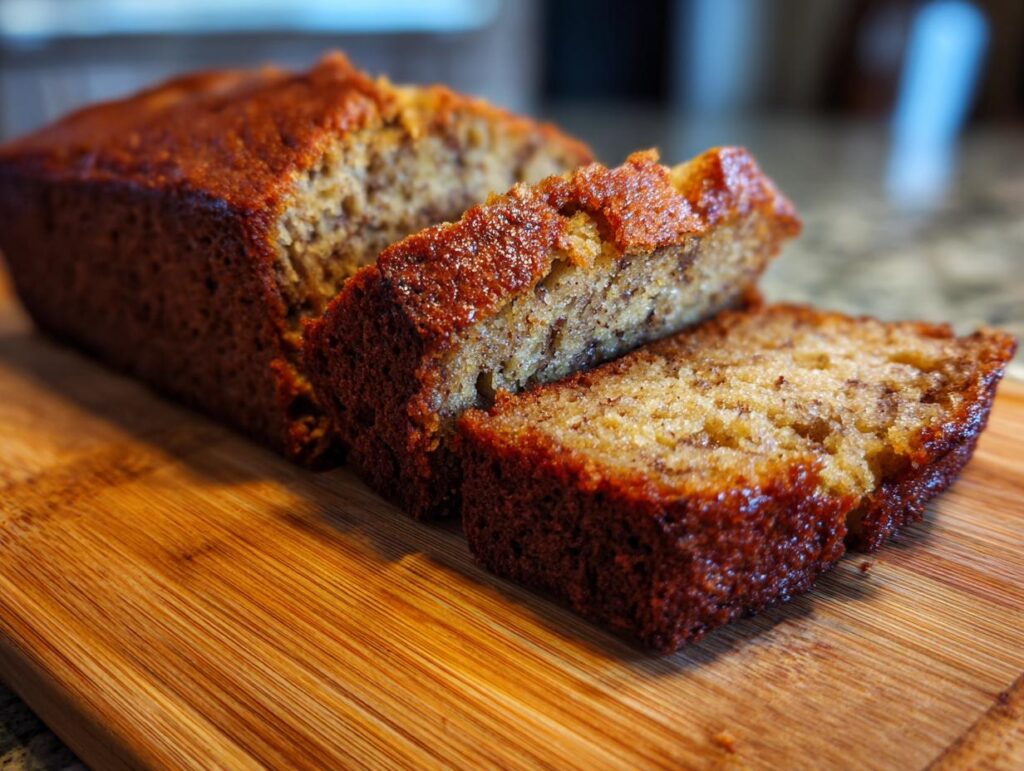 A loaf of Ultimate Moist Sugar-Free Banana Bread with two slices cut, sitting on a wooden cutting board.