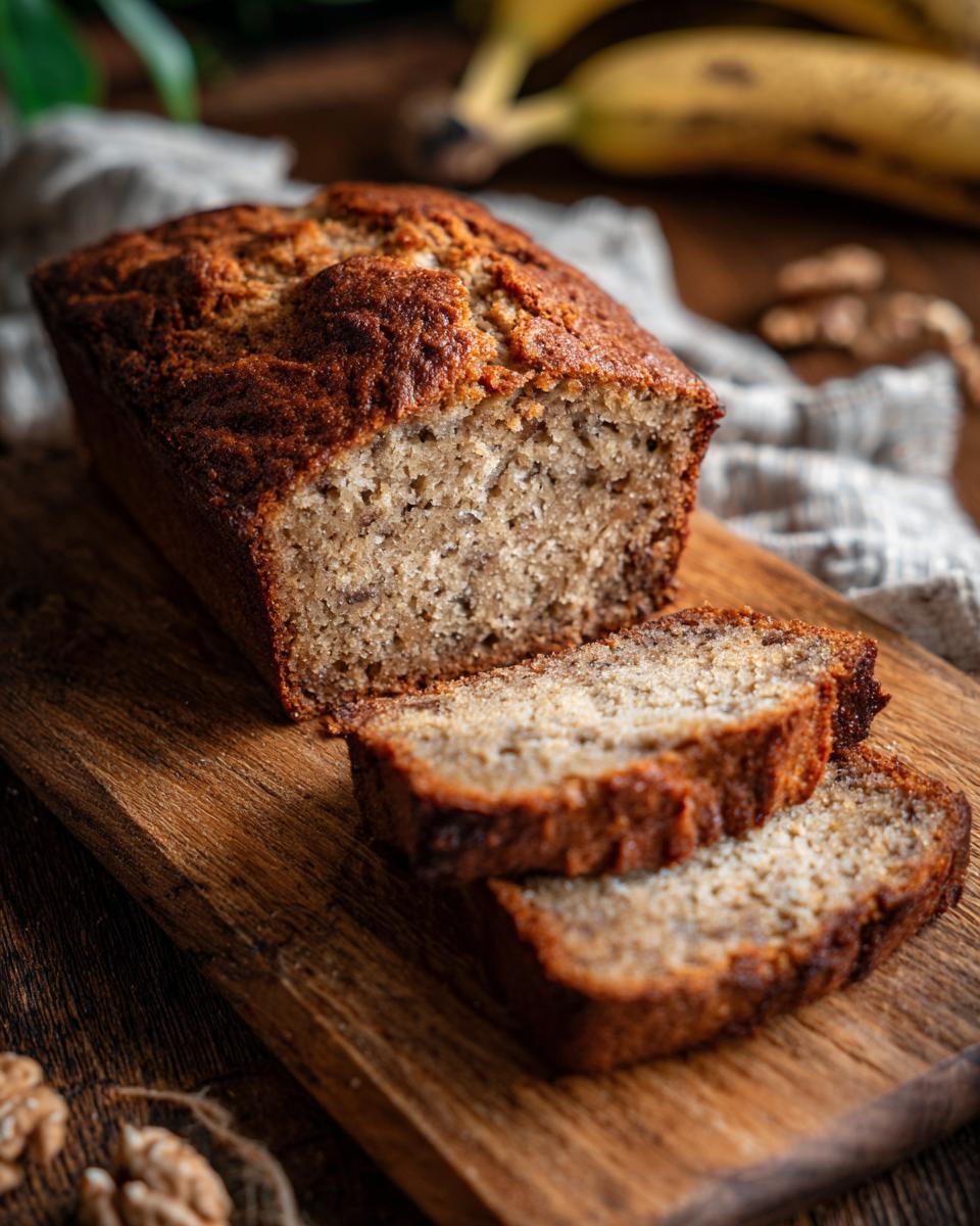 A loaf of Ultimate Moist Sugar-Free Banana Bread, partially sliced, sits on a wooden board with bananas in the background.