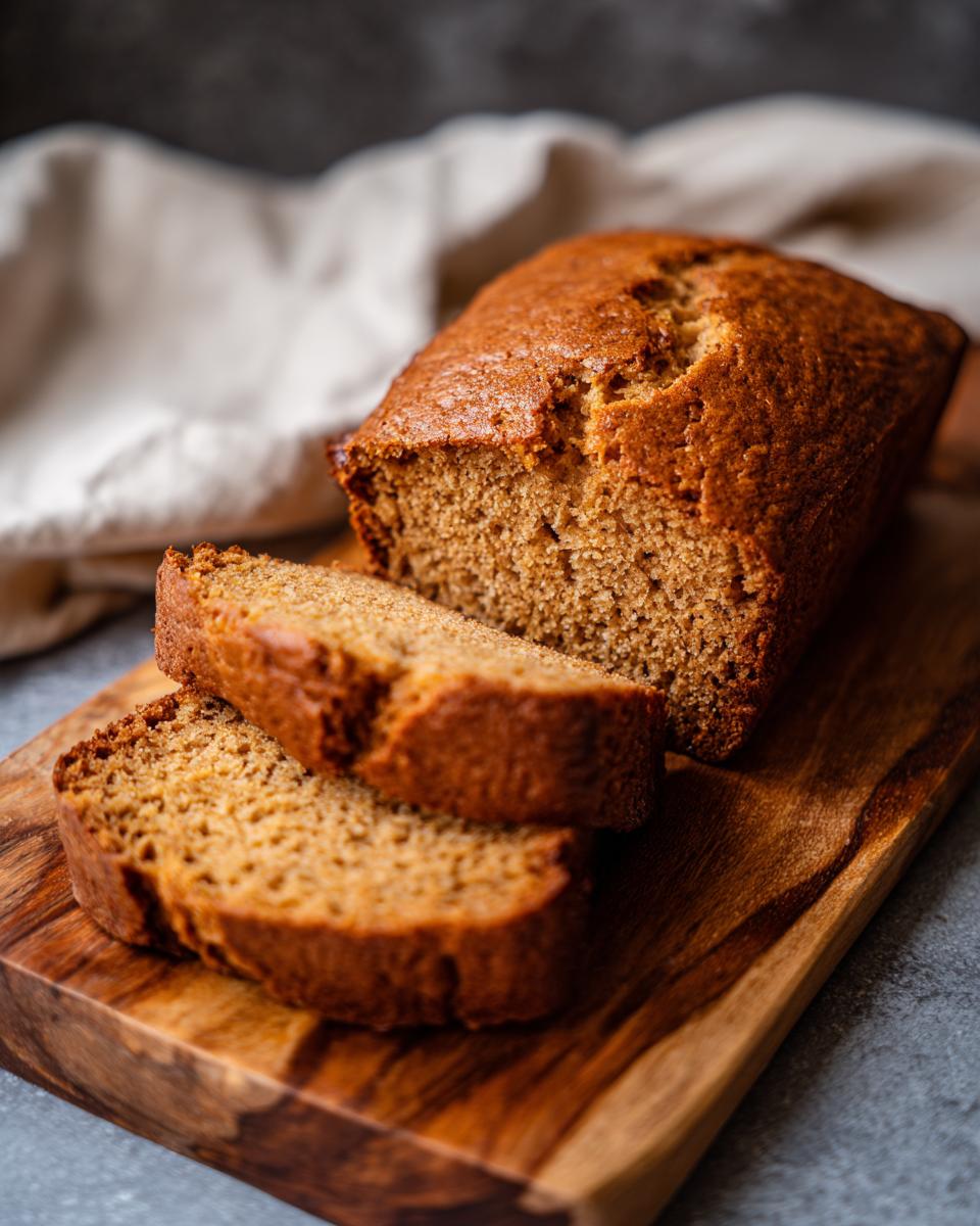 A loaf of Ultimate Moist Sugar-Free Banana Bread with two slices cut, sitting on a wooden board.