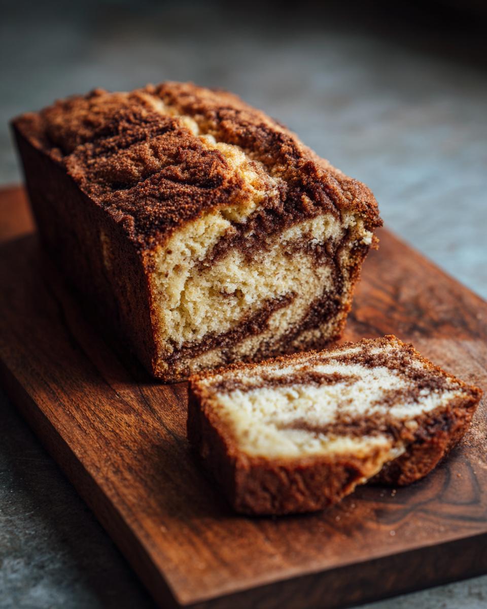 A loaf of Super Moist Cinnamon Apple Bread with a slice cut, showcasing the cinnamon swirl on a wooden board.
