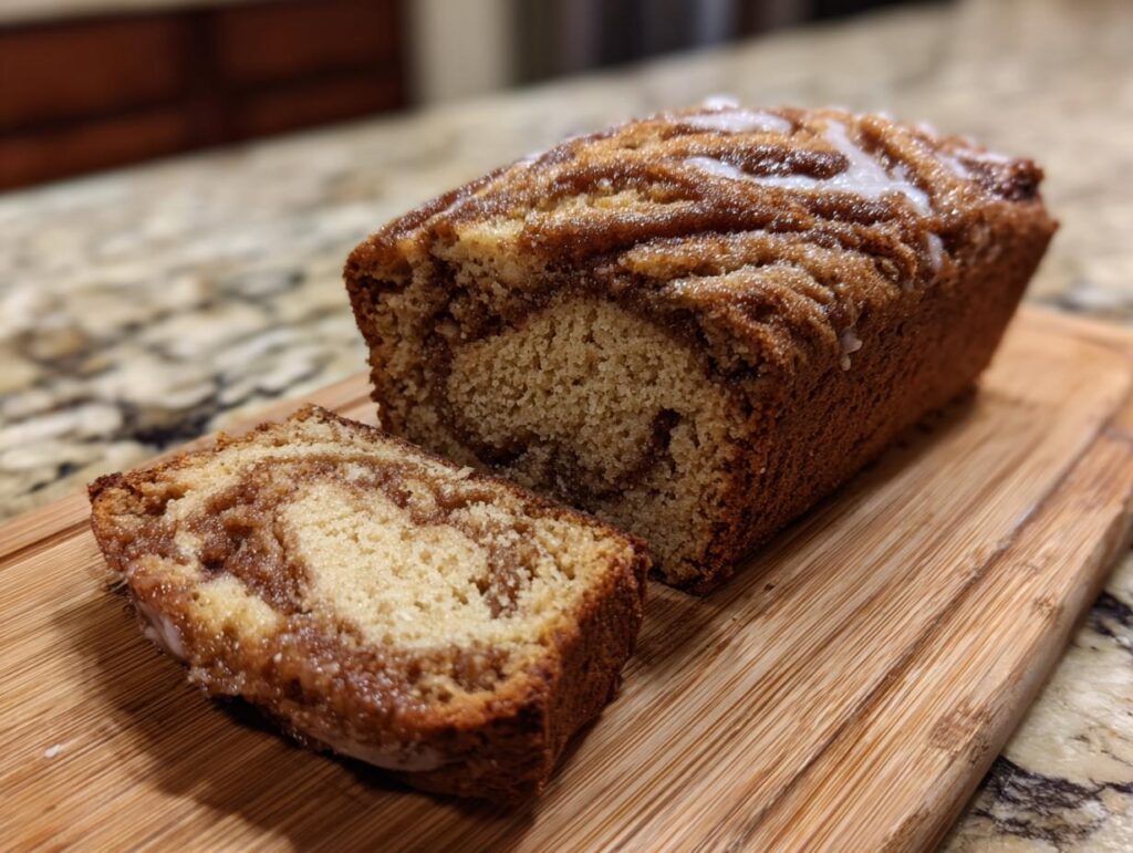 A loaf of Super Moist Cinnamon Apple Bread with a slice cut, sitting on a wooden board.