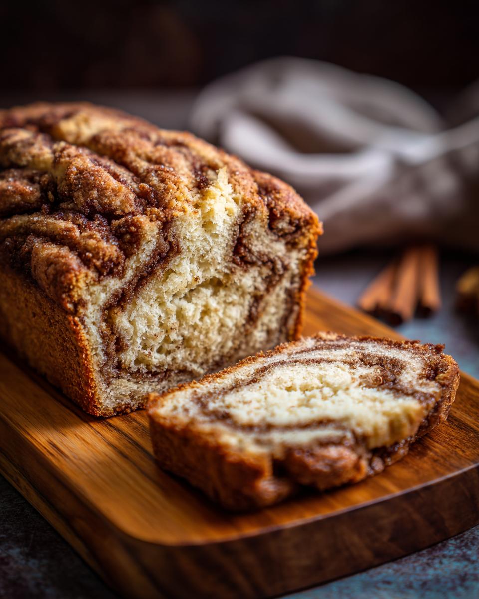A loaf of Super Moist Cinnamon Apple Bread with a slice cut, showcasing the cinnamon swirl.