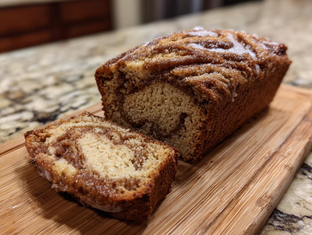 A loaf of Super Moist Cinnamon Apple Bread with a slice cut, sitting on a wooden board.