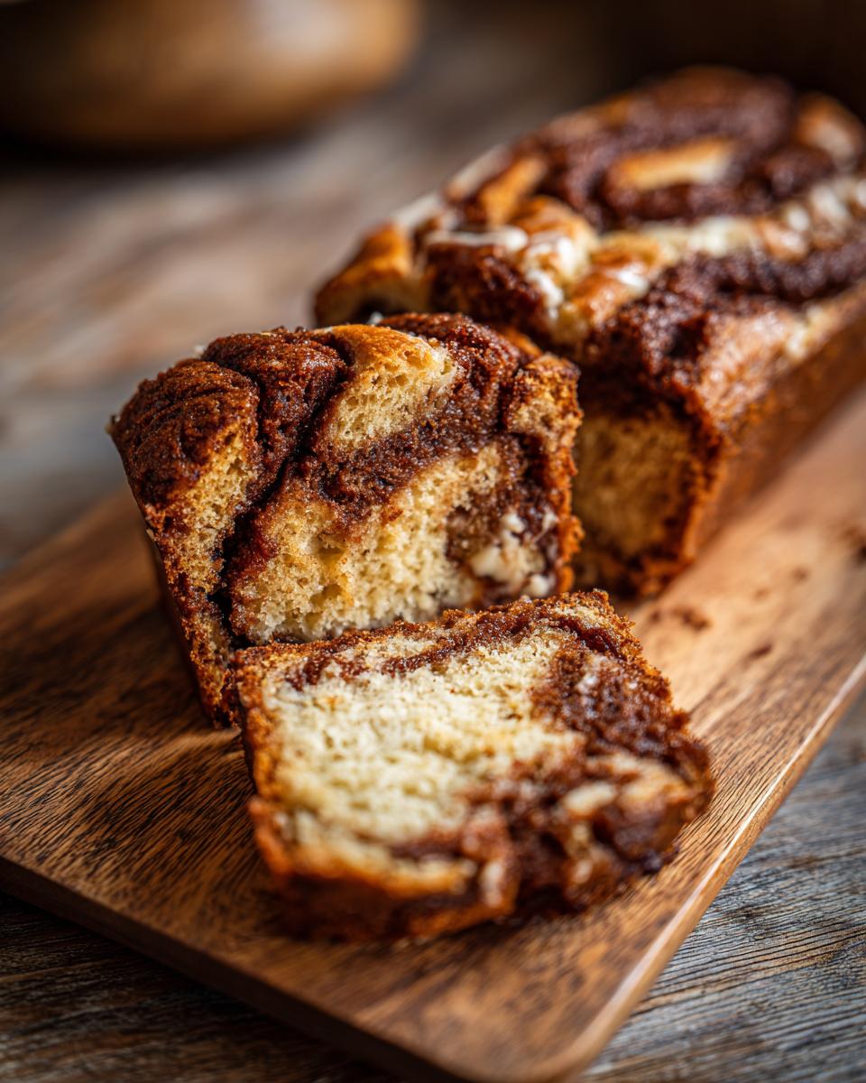 Close-up of sliced Super Moist Cinnamon Apple Bread on a wooden board, showing the cinnamon swirl filling.
