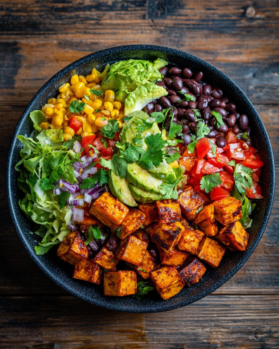 Overhead shot of a Quick & Easy Healthy Sweet Potato Taco Bowl, featuring sweet potatoes, black beans, corn, avocado, and fresh vegetables.