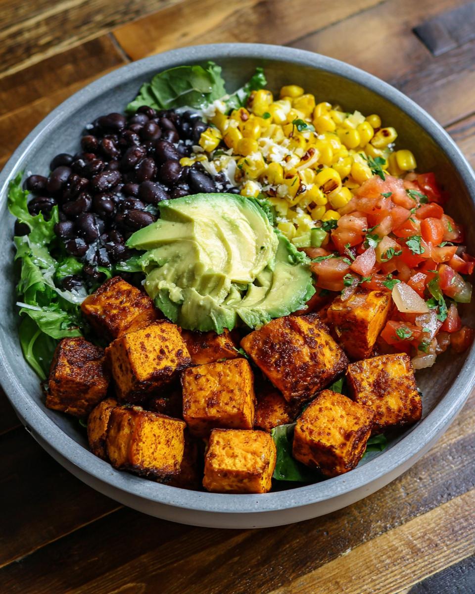 Overhead shot of a Quick & Easy Healthy Sweet Potato Taco Bowl with black beans, corn, avocado, and salsa.