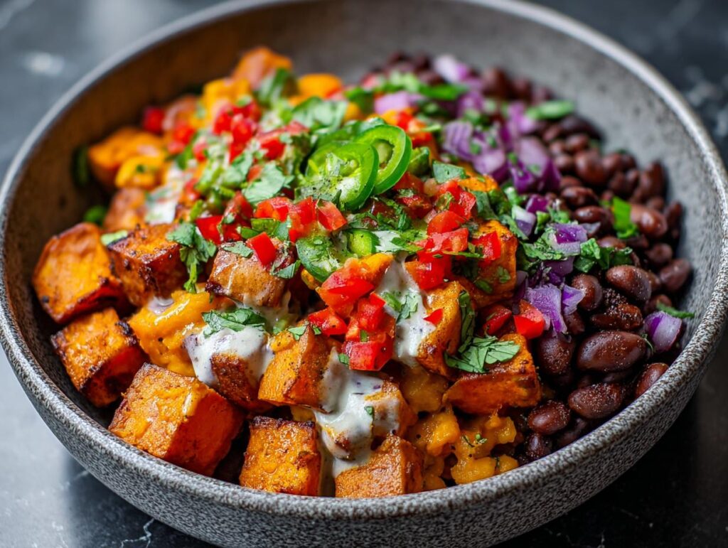 A vibrant bowl of Quick & Easy Healthy Sweet Potato Taco Bowls with black beans, red onion, and toppings.
