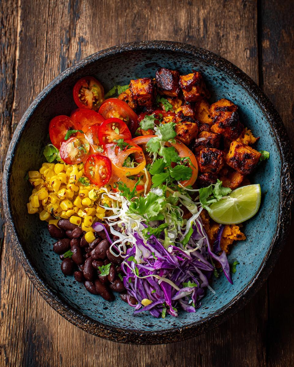 Overhead view of a Quick & Easy Healthy Sweet Potato Taco Bowl with corn, beans, cabbage, tomatoes, and lime.
