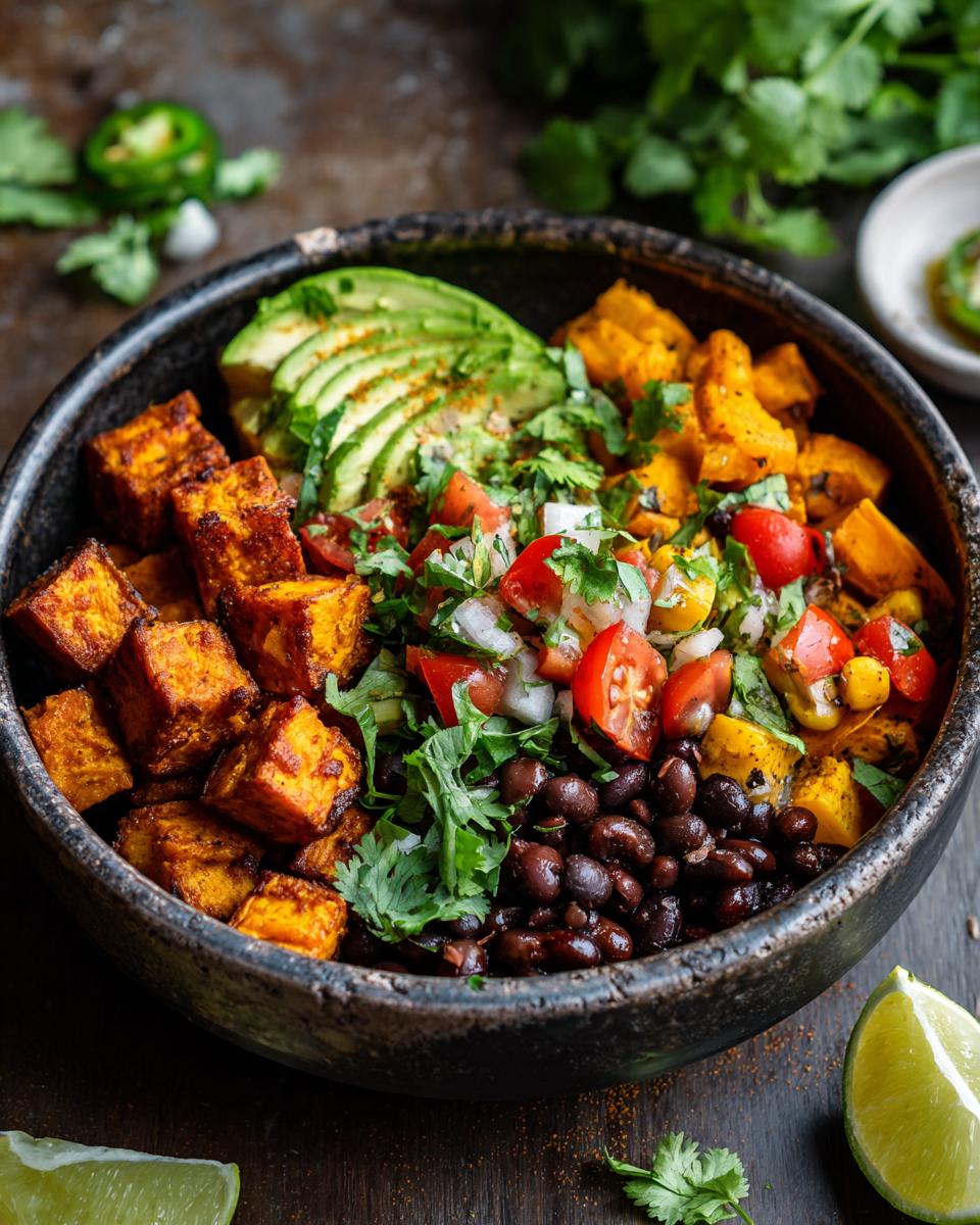 A vibrant Quick & Easy Healthy Sweet Potato Taco Bowl with black beans, avocado, and fresh salsa.