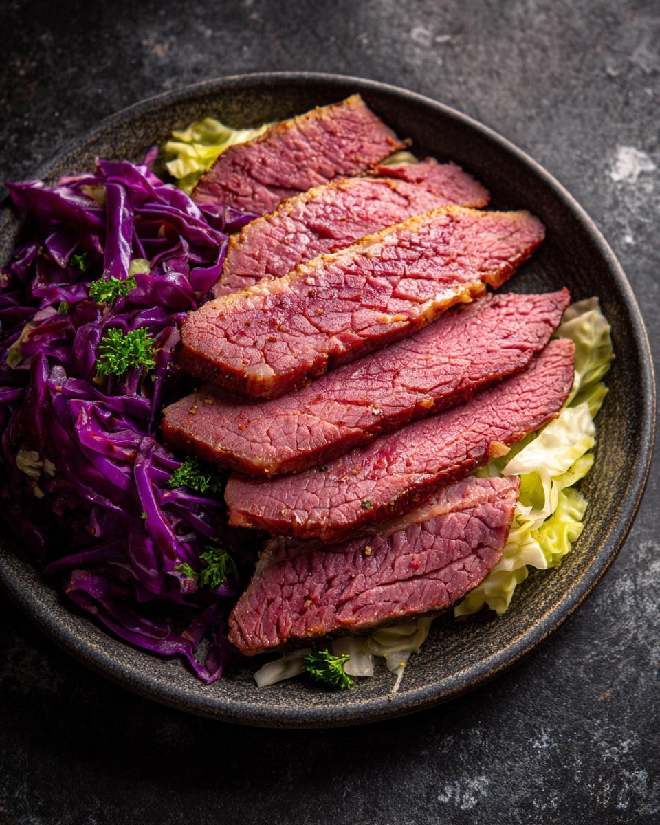 Slices of tender slow cooker corned beef and cabbage on a plate with red cabbage.