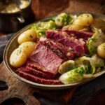 A platter of tender slow cooker corned beef and cabbage with potatoes, ready to serve.