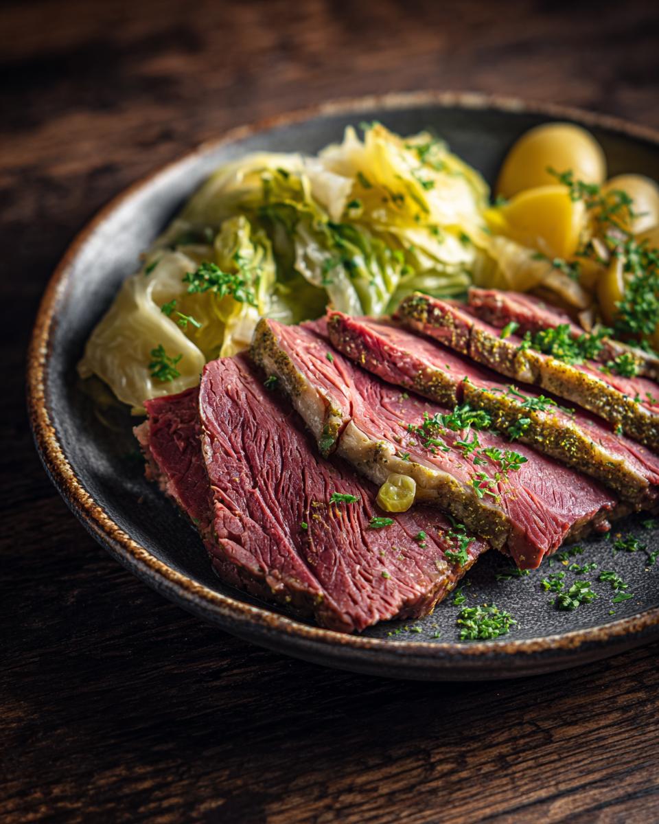 Close-up of Tender Slow Cooker Corned Beef and Cabbage served on a plate with potatoes and fresh parsley.