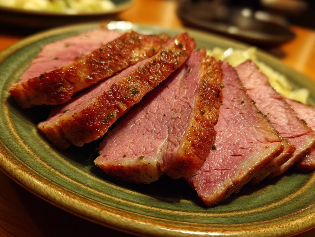Close-up of sliced Tender Slow Cooker Corned Beef and Cabbage on a green plate, showcasing the juicy texture.