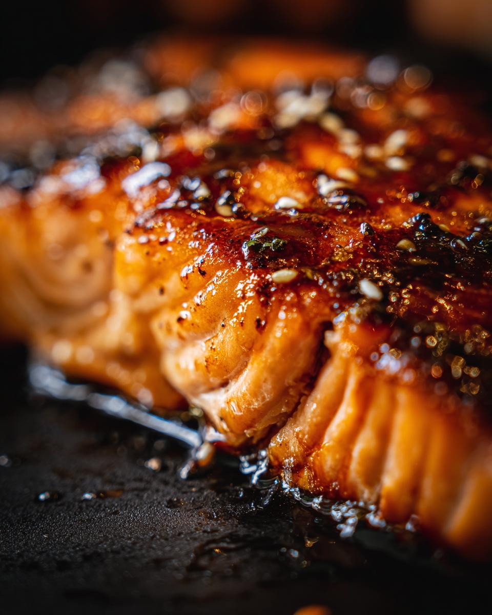 A close-up of glazed Teriyaki Salmon, showing the texture and sesame seed garnish.